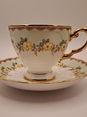 Vintage Tuscan Fine English Bone China Teacup Saucer Set Yellow Floral Gold Trim